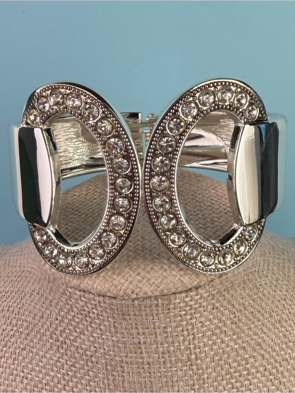 Dillard's Silver Tone Interlocking Oval Crystal Pave Hinge Bracelet Boxed